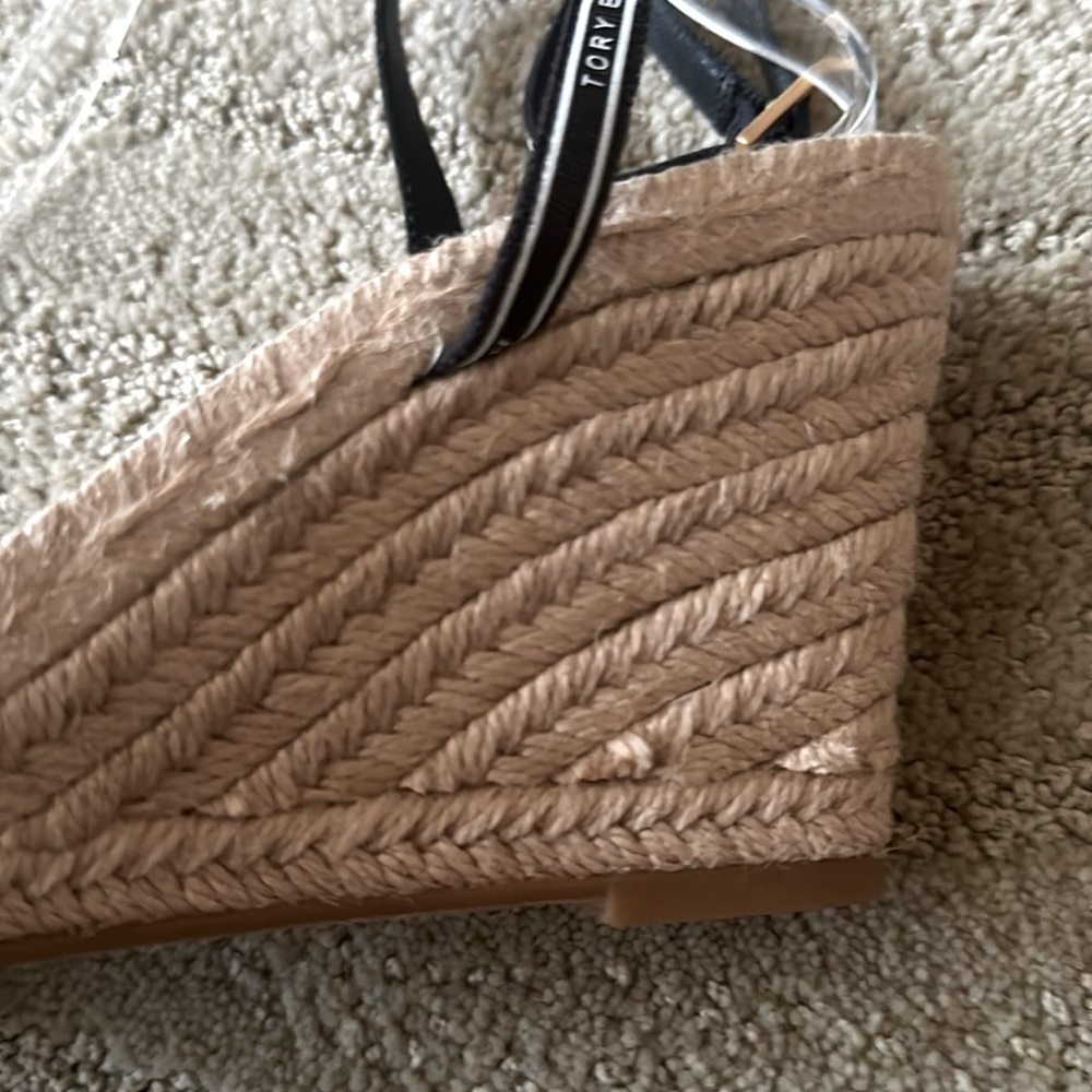 NEW Tory Burch Ribbon Strappy Wedge Espadrille Platform Sandals Navy Cream Tan 9 - Picture 7 of 16